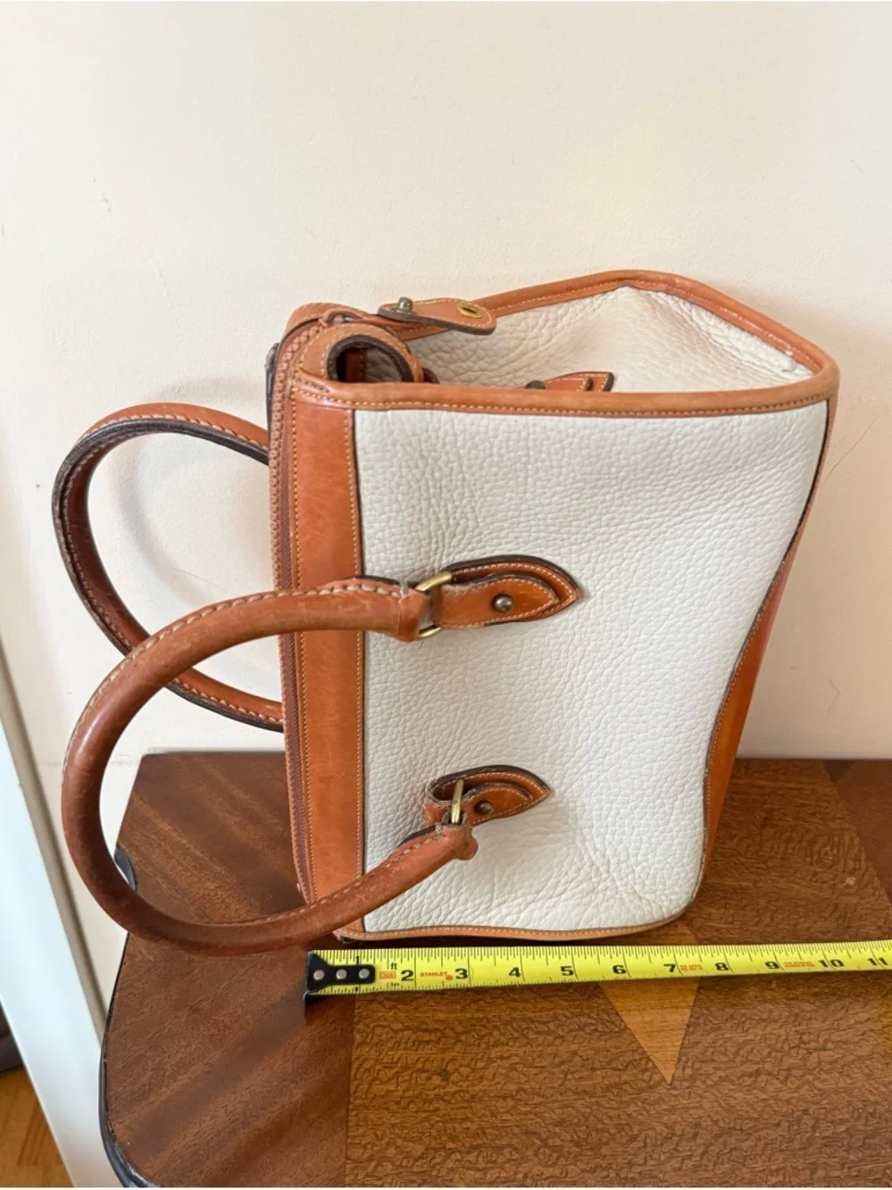 Dooney & Bourke White and Tan Pebbled Leather Satchel - Picture 3 of 10